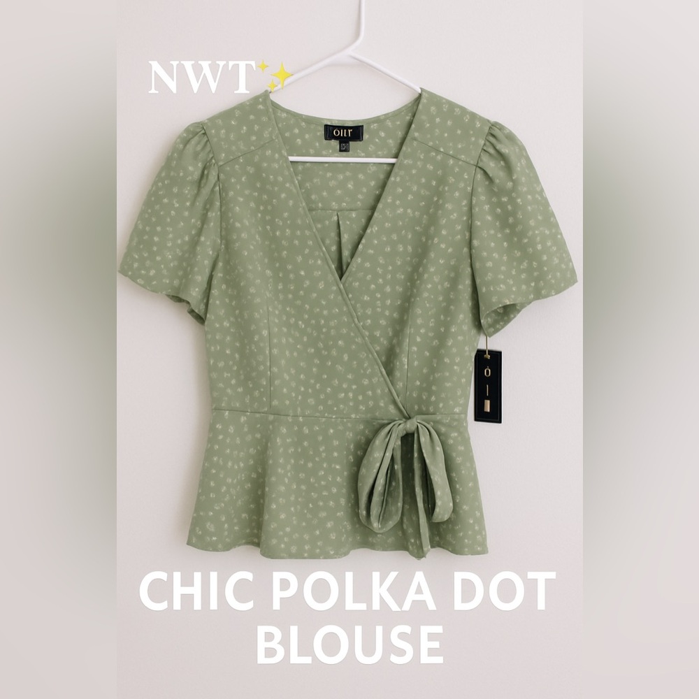 OLM Sage Green Polka Dot Wrap Tie Blouse